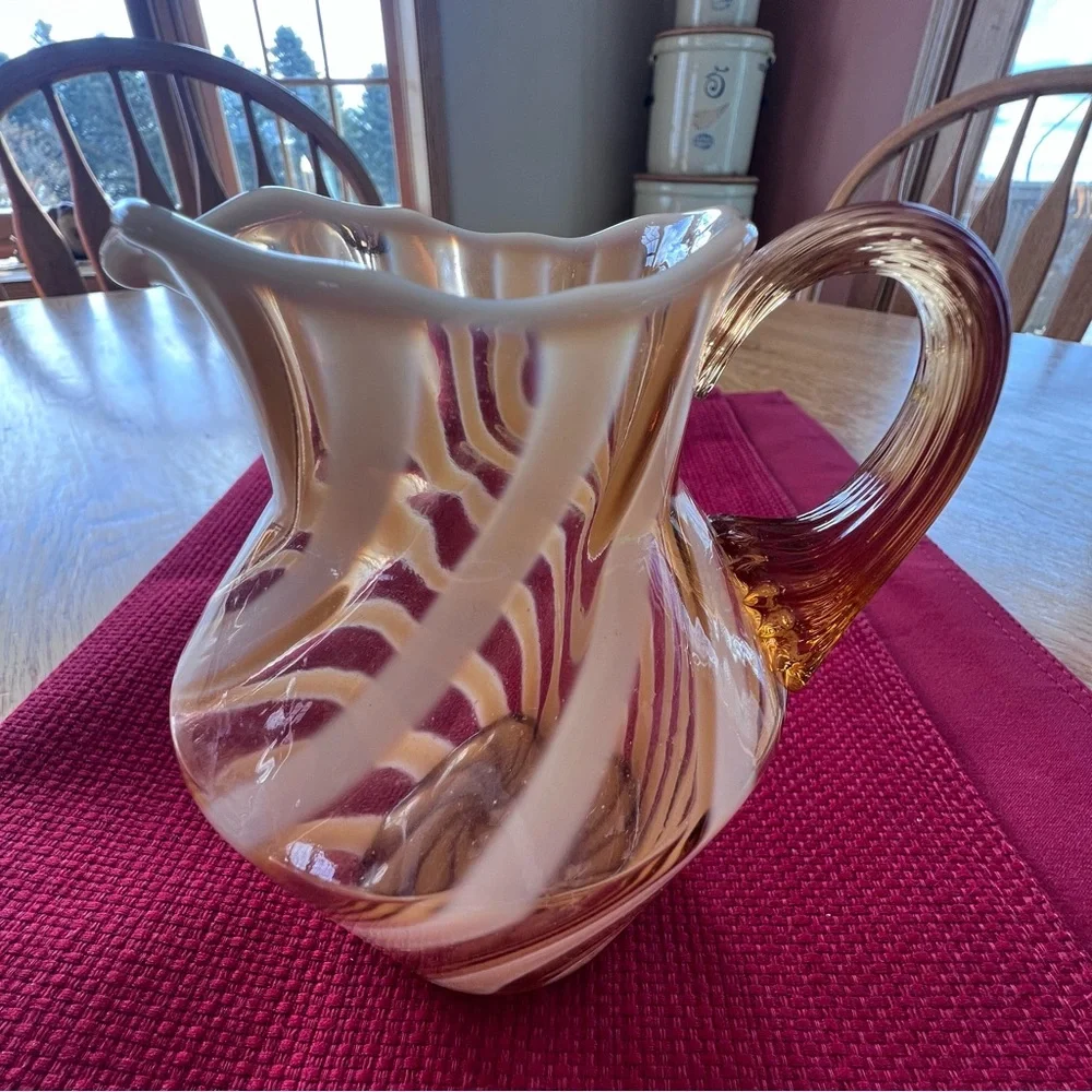 Fenton cameo opalescent glass spiral optic creamer or small pitcher.